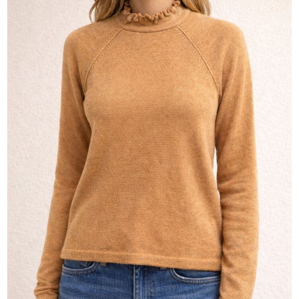 Free People FP 100% Merino Wool Ruffle Mock Neck Sweater Camel Boho Cozy Knit M